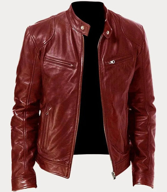 Men's Slim-Fit Stand-Collar Faux Leather Moto Jacket