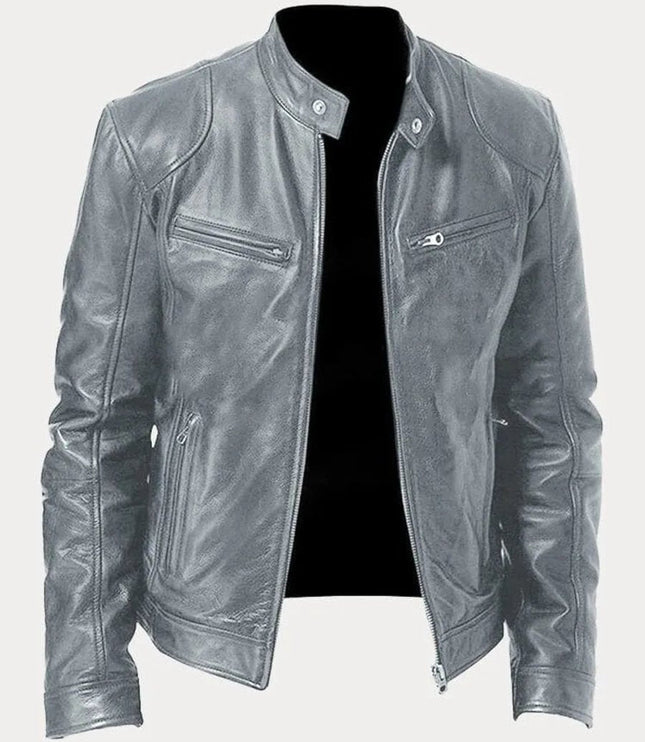 Men's Slim-Fit Stand-Collar Faux Leather Moto Jacket