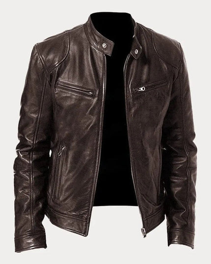 Men's Slim-Fit Stand-Collar Faux Leather Moto Jacket