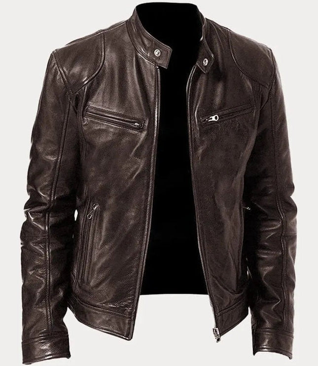 Men's Slim-Fit Stand-Collar Faux Leather Moto Jacket