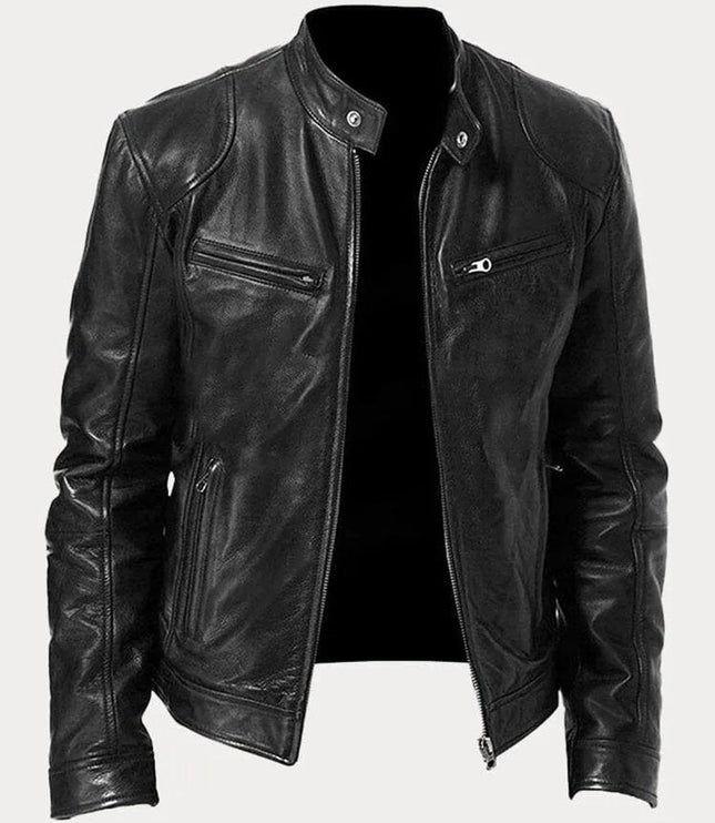 Men's Slim-Fit Stand-Collar Faux Leather Moto Jacket