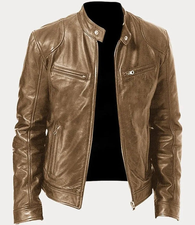 Men's Slim-Fit Stand-Collar Faux Leather Moto Jacket