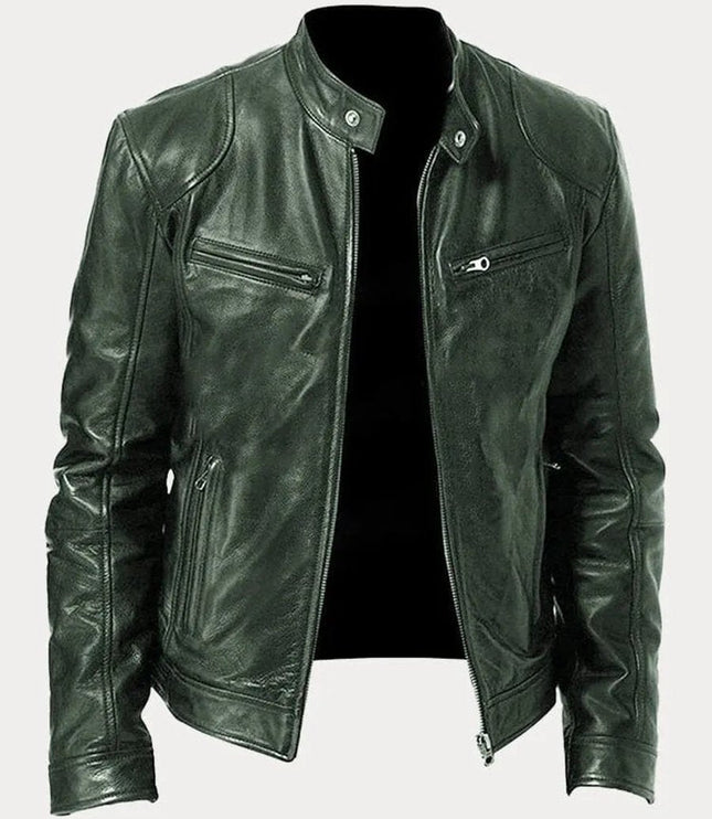 Men's Slim-Fit Stand-Collar Faux Leather Moto Jacket