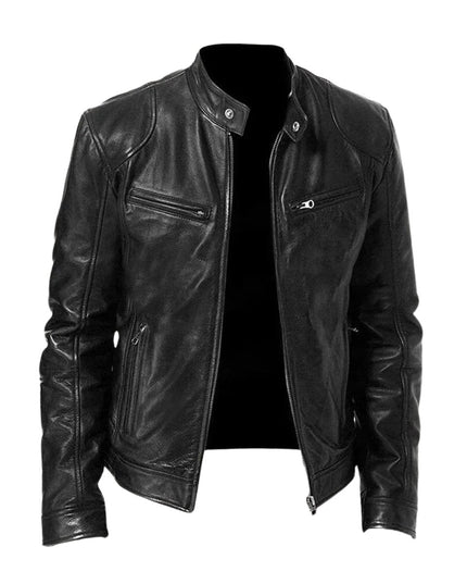 Men's Slim-Fit Stand-Collar Faux Leather Moto Jacket
