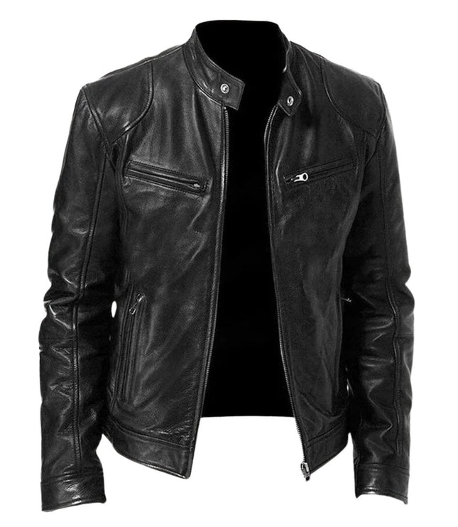 Men's Slim-Fit Stand-Collar Faux Leather Moto Jacket