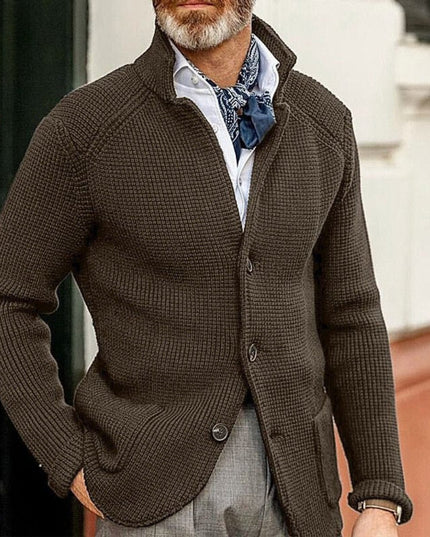 Men's Stand Collar Button Front Cardigan Sweater, Waffle Knit