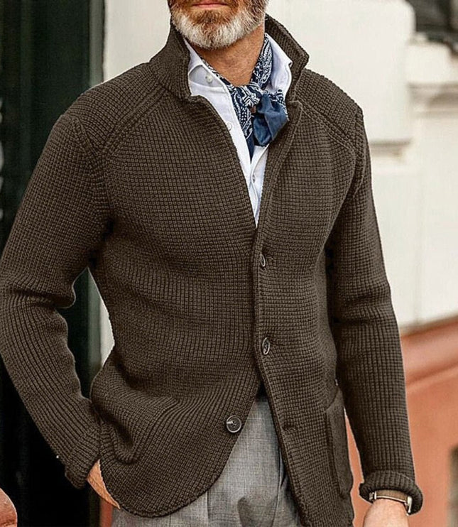 Men's Stand Collar Button Front Cardigan Sweater, Waffle Knit