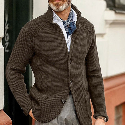 Men's Stand Collar Button Front Cardigan Sweater, Waffle Knit
