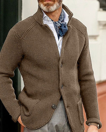 Men's Stand Collar Button Front Cardigan Sweater, Waffle Knit