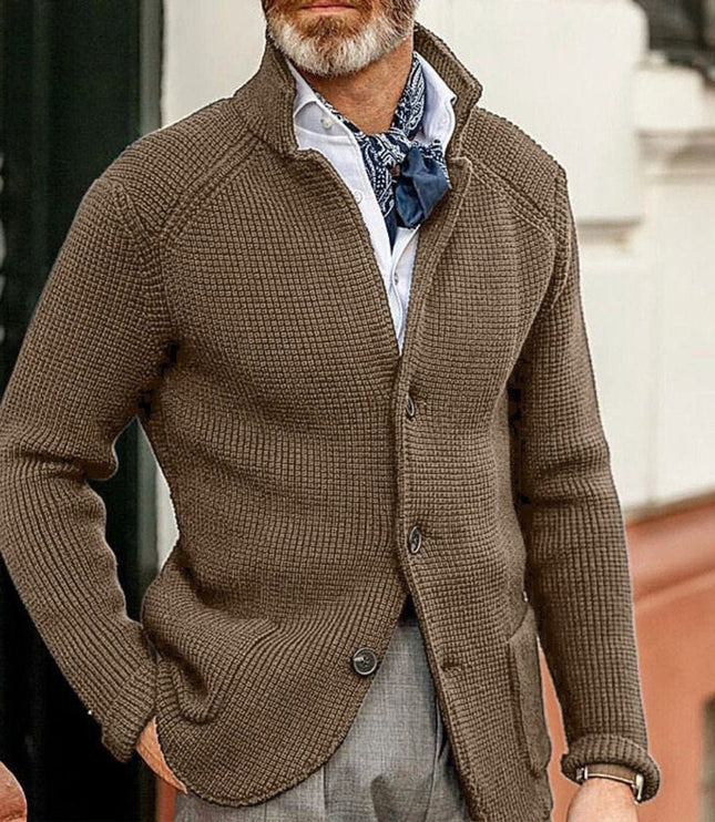 Men's Stand Collar Button Front Cardigan Sweater, Waffle Knit