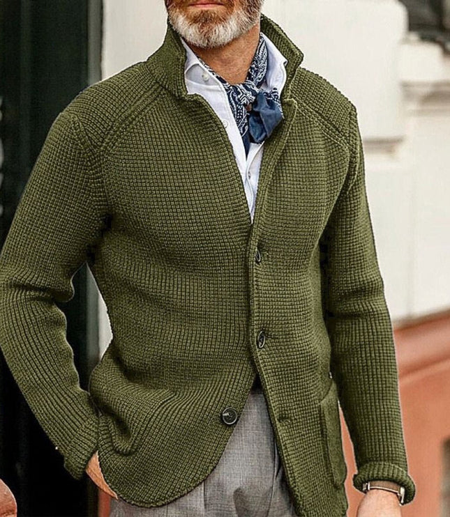 Men's Stand Collar Button Front Cardigan Sweater, Waffle Knit
