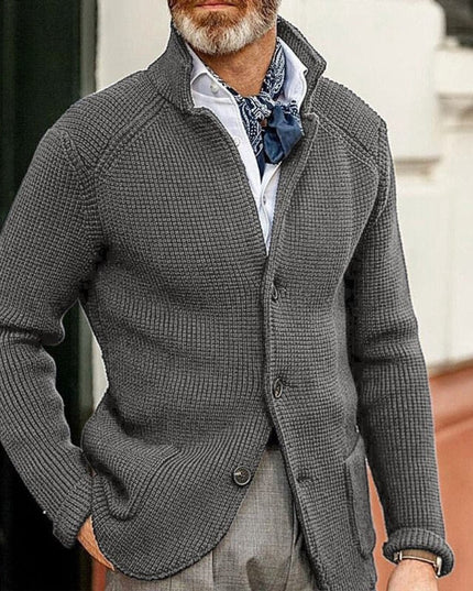 Men's Stand Collar Button Front Cardigan Sweater, Waffle Knit