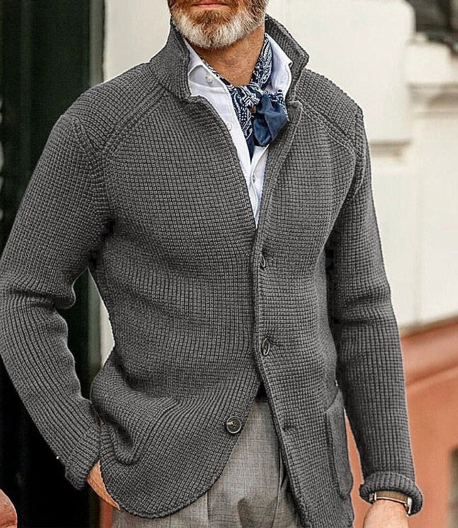 Men's Stand Collar Button Front Cardigan Sweater, Waffle Knit