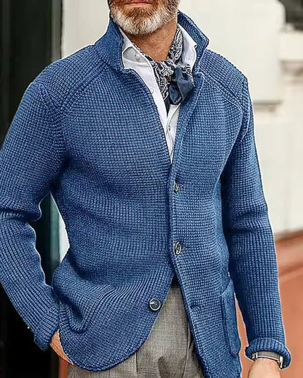 Men's Stand Collar Button Front Cardigan Sweater, Waffle Knit