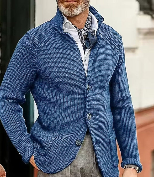 Men's Stand Collar Button Front Cardigan Sweater, Waffle Knit