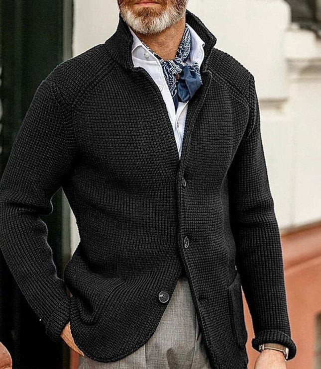 Men's Stand Collar Button Front Cardigan Sweater, Waffle Knit