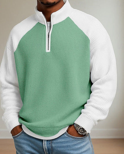Men's Stand Collar Waffle Knit Quarter Zip Pullover Sweater