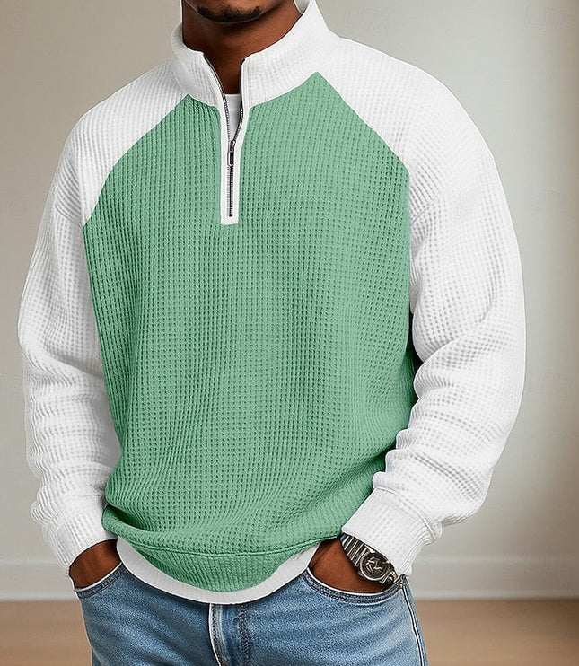 Men's Stand Collar Waffle Knit Quarter Zip Pullover Sweater