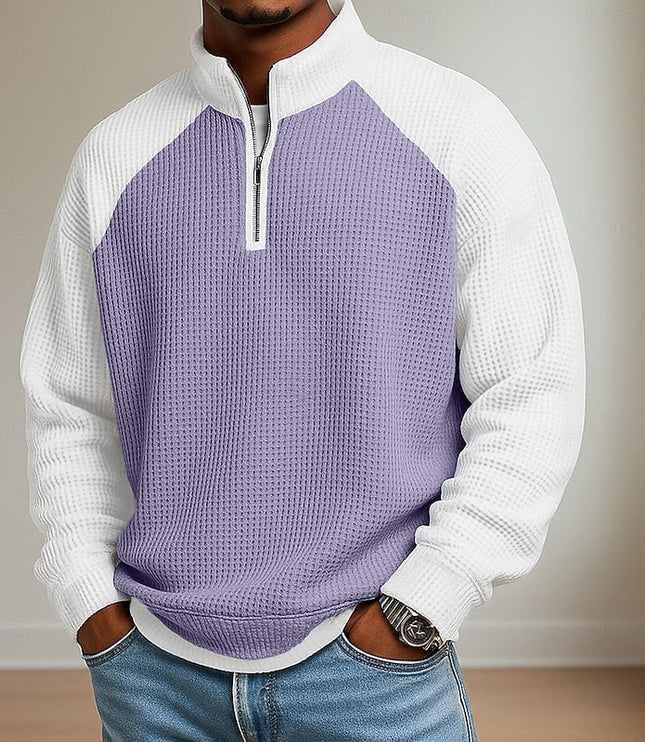 Men's Stand Collar Waffle Knit Quarter Zip Pullover Sweater