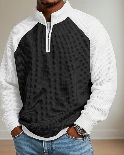 Men's Stand Collar Waffle Knit Quarter Zip Pullover Sweater