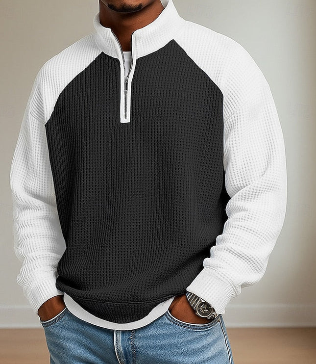 Men's Stand Collar Waffle Knit Quarter Zip Pullover Sweater