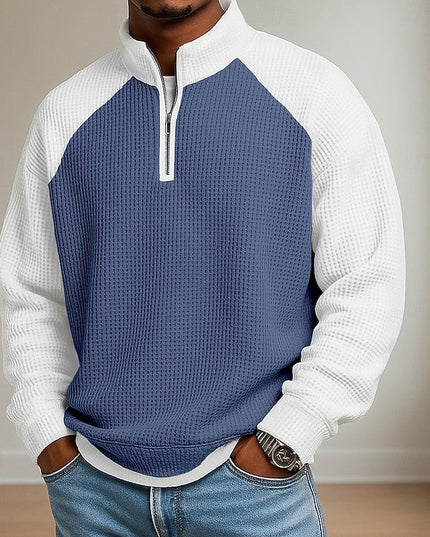 Men's Stand Collar Waffle Knit Quarter Zip Pullover Sweater