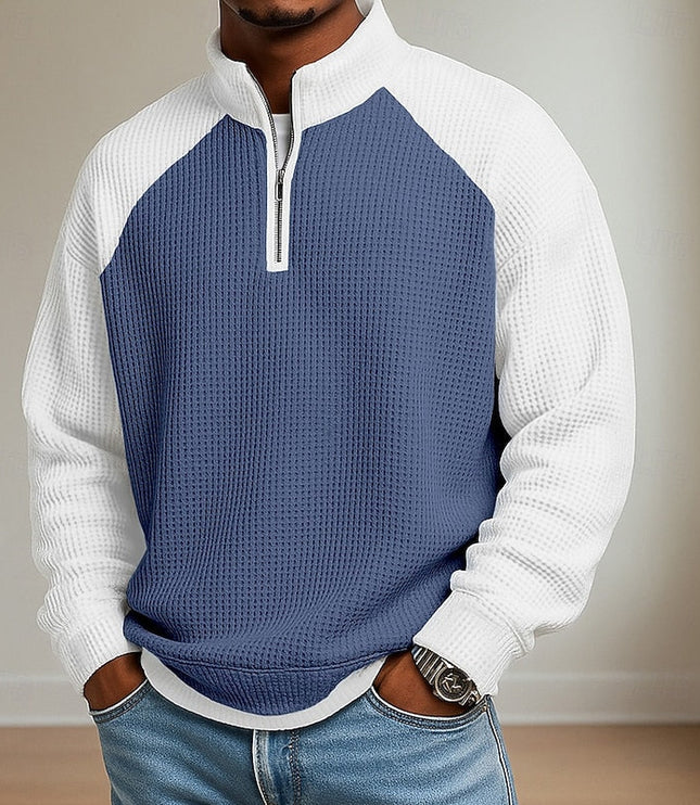 Men's Stand Collar Waffle Knit Quarter Zip Pullover Sweater