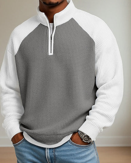 Men's Stand Collar Waffle Knit Quarter Zip Pullover Sweater
