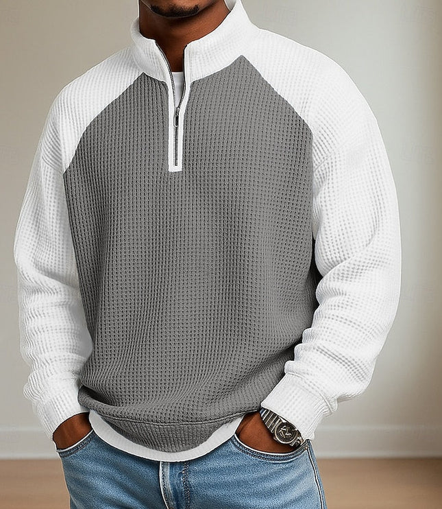 Men's Stand Collar Waffle Knit Quarter Zip Pullover Sweater