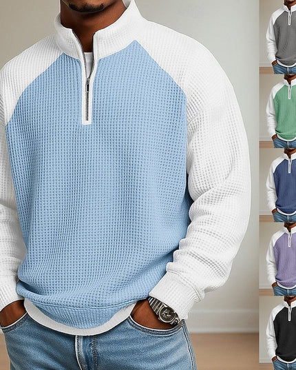 Men's Stand Collar Waffle Knit Quarter Zip Pullover Sweater
