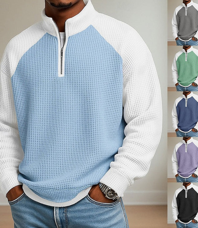 Men's Stand Collar Waffle Knit Quarter Zip Pullover Sweater
