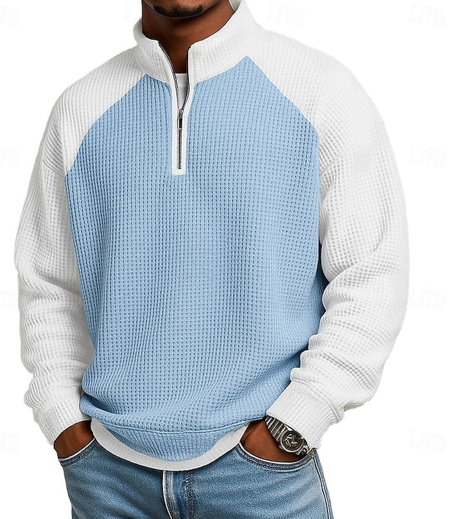 Men's Stand Collar Waffle Knit Quarter Zip Pullover Sweater