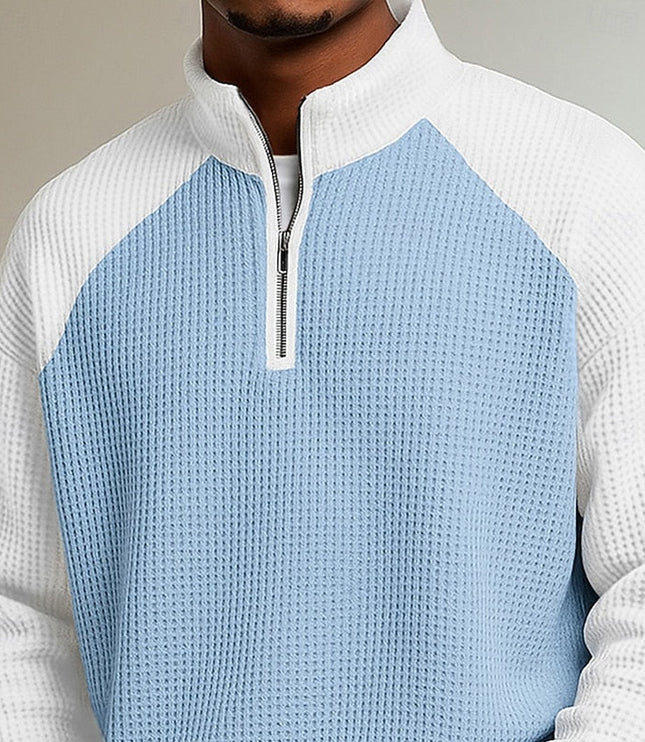 Men's Stand Collar Waffle Knit Quarter Zip Pullover Sweater