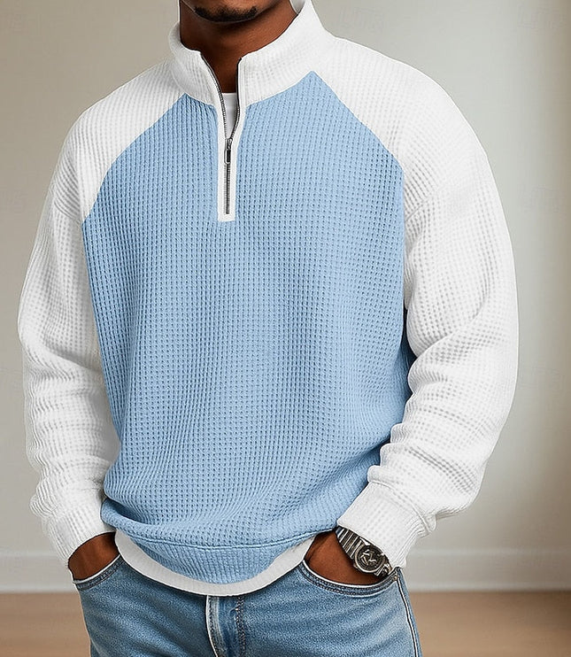 Men's Stand Collar Waffle Knit Quarter Zip Pullover Sweater
