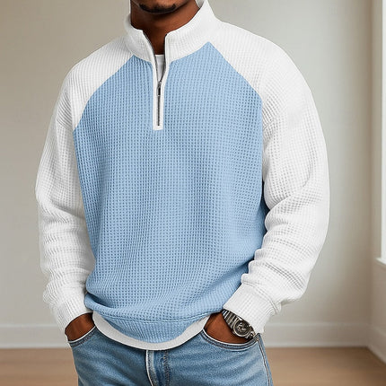 Men's Stand Collar Waffle Knit Quarter Zip Pullover Sweater