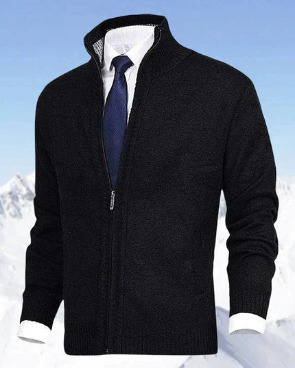 Men's Stand-Collar Zip-Up Fleece-Lined Knit Sweater Cardigan