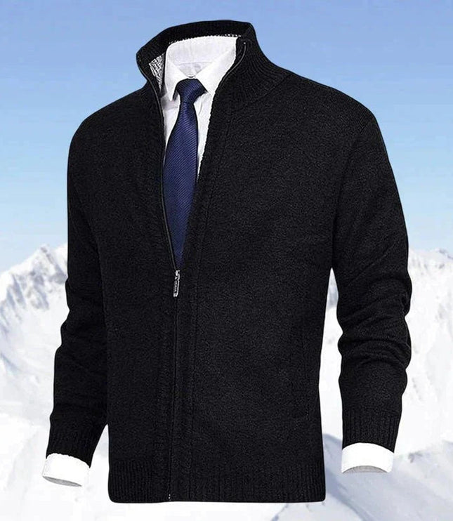 Men's Stand-Collar Zip-Up Fleece-Lined Knit Sweater Cardigan