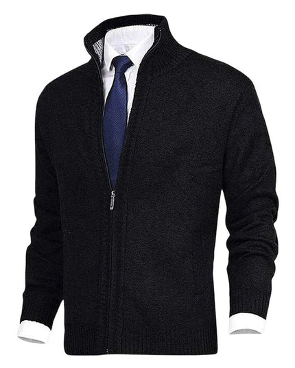 Men's Stand-Collar Zip-Up Fleece-Lined Knit Sweater Cardigan