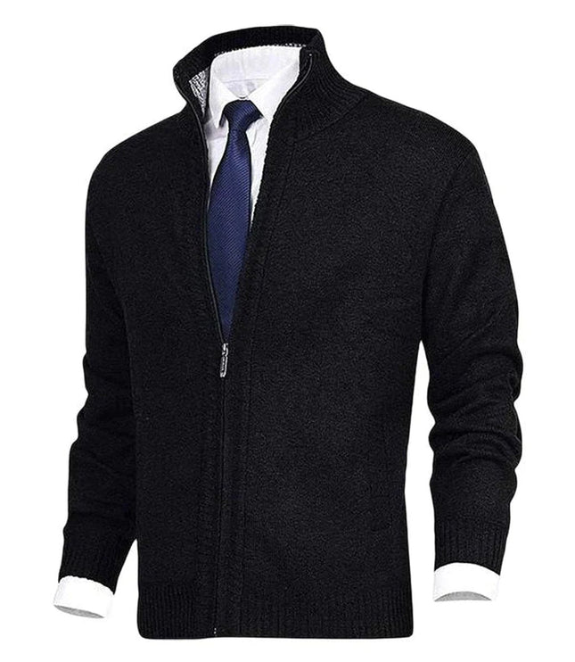 Men's Stand-Collar Zip-Up Fleece-Lined Knit Sweater Cardigan