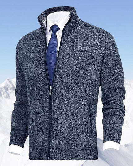 Men's Stand-Collar Zip-Up Fleece-Lined Knit Sweater Cardigan