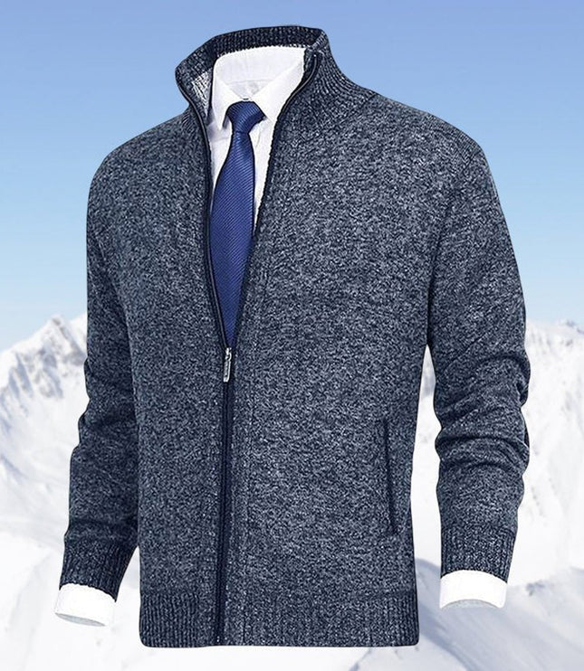 Men's Stand-Collar Zip-Up Fleece-Lined Knit Sweater Cardigan