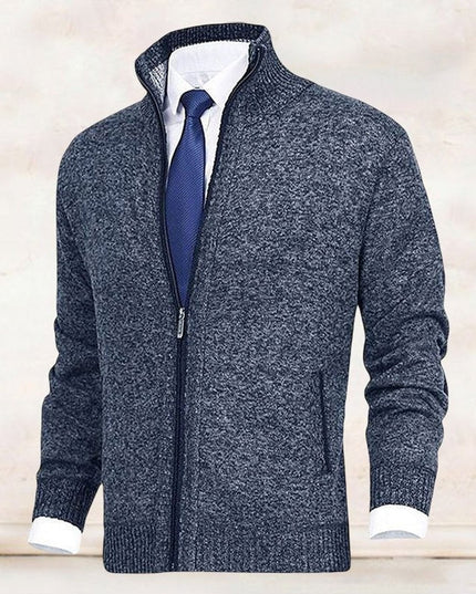Men's Stand-Collar Zip-Up Fleece-Lined Knit Sweater Cardigan