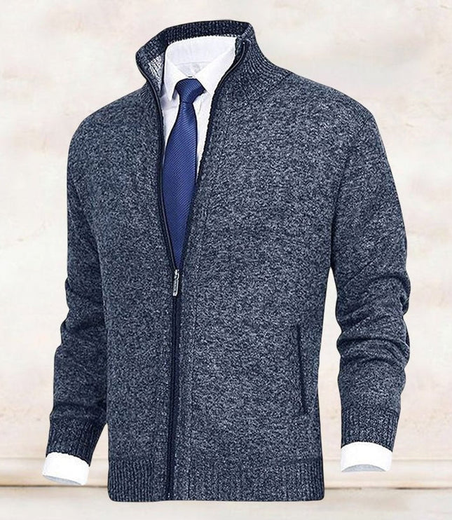 Men's Stand-Collar Zip-Up Fleece-Lined Knit Sweater Cardigan
