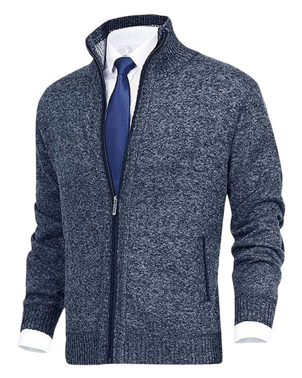 Men's Stand-Collar Zip-Up Fleece-Lined Knit Sweater Cardigan