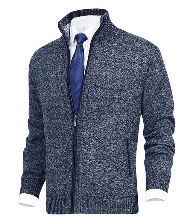Men's Stand-Collar Zip-Up Fleece-Lined Knit Sweater Cardigan