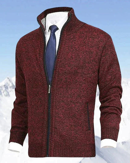Men's Stand-Collar Zip-Up Fleece-Lined Knit Sweater Cardigan