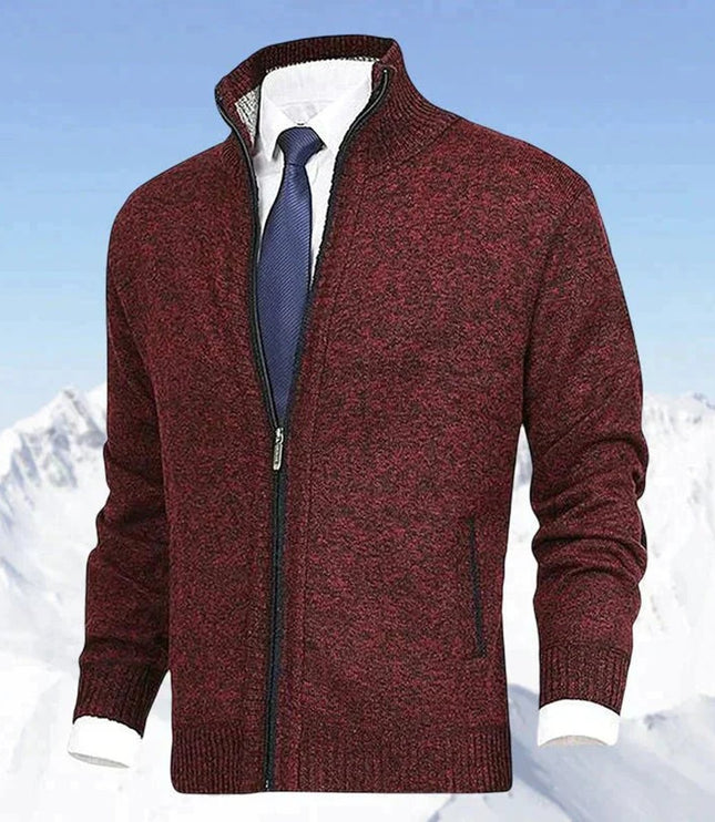 Men's Stand-Collar Zip-Up Fleece-Lined Knit Sweater Cardigan