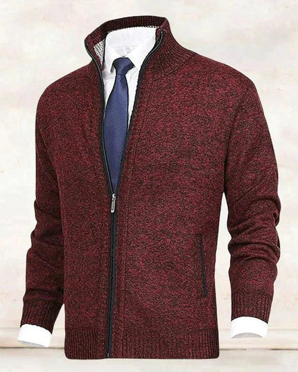 Men's Stand-Collar Zip-Up Fleece-Lined Knit Sweater Cardigan