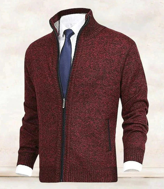 Men's Stand-Collar Zip-Up Fleece-Lined Knit Sweater Cardigan