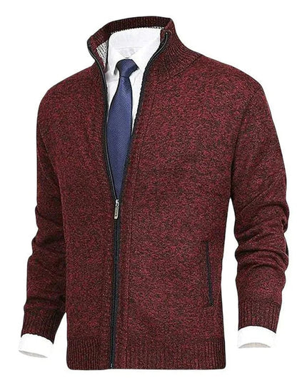 Men's Stand-Collar Zip-Up Fleece-Lined Knit Sweater Cardigan